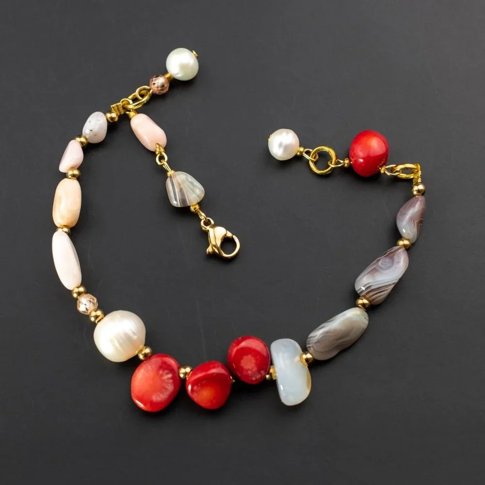 Mismatched beaded bracelet, red coral and pearl bracelet handmade